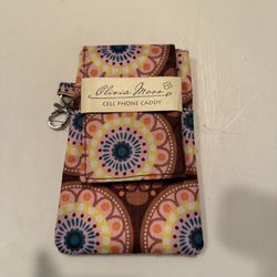 New Olivia Moss Cell Phone Caddy medallion print brown with pastel colors. It has a pocket, Metal Clip To Attach & Velcro