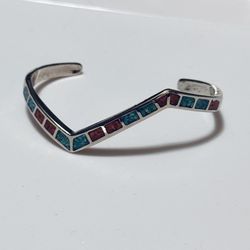 Sterling Silver Vintage Cuff Bracelet Turquoise & Red Coral. Charming
