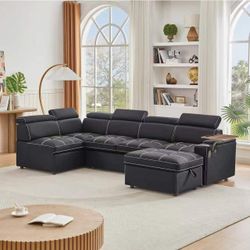 Chino-113 inch Ultra-fine Fiber Segmented Sleeper Sofa with Pull-Out Bed, Recliner and Storage Ottoman Style Sofa. with Adjustable headrests and Degre