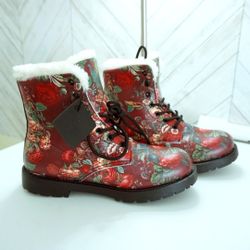 Brand New Combat Boots Size 8 Red Floral Faux Furr Manifestie