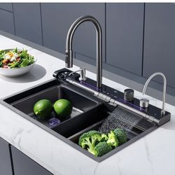 Single Bowl Modern Smart Sinks 30x17×9" Stainless Steel Kitchen Sink with Faucet & Cup Washer & Soap Dispenser Full Set Combo Battery-free Temperature