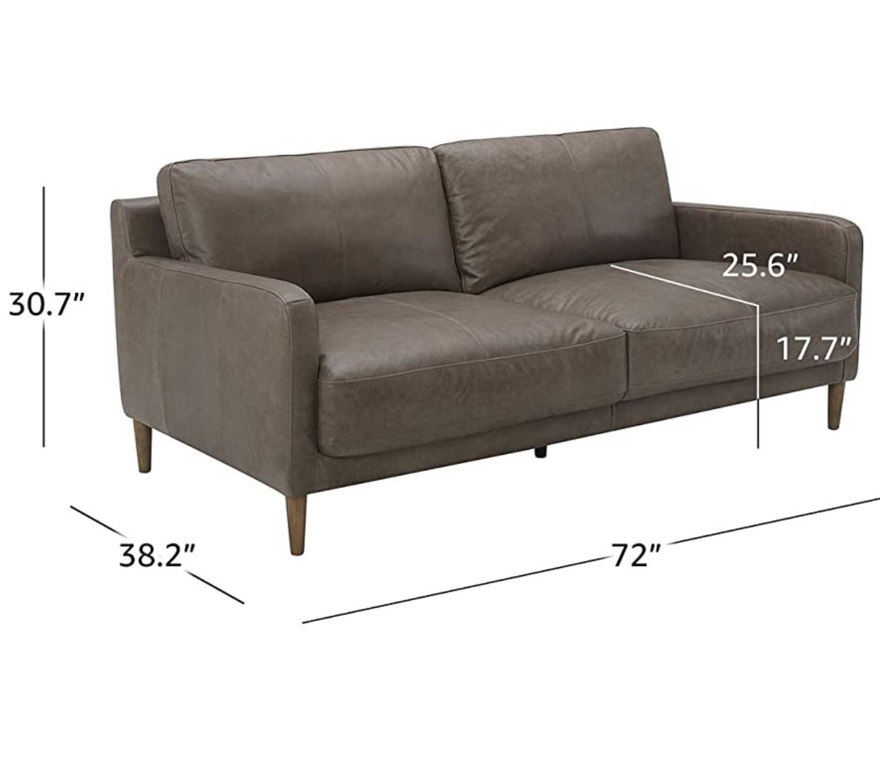 Rivet Modern Deep Leather Sofa Couch with Wood Feet 72"W Gray