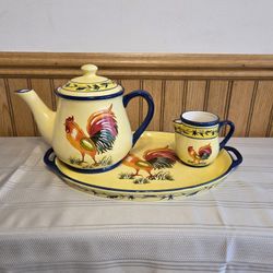 Rooster Tea Set Temptions Pitcher Platter and Creamer