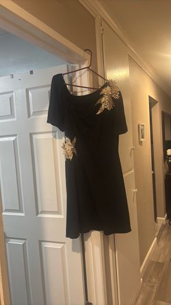 Black Mini Dress with Gold Floral Appliqués