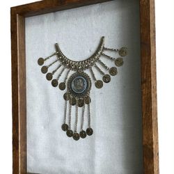 Vintage Jewelry Art Framed Shadowbox Coins Necklace 14.7x11.7x1.7 inches
