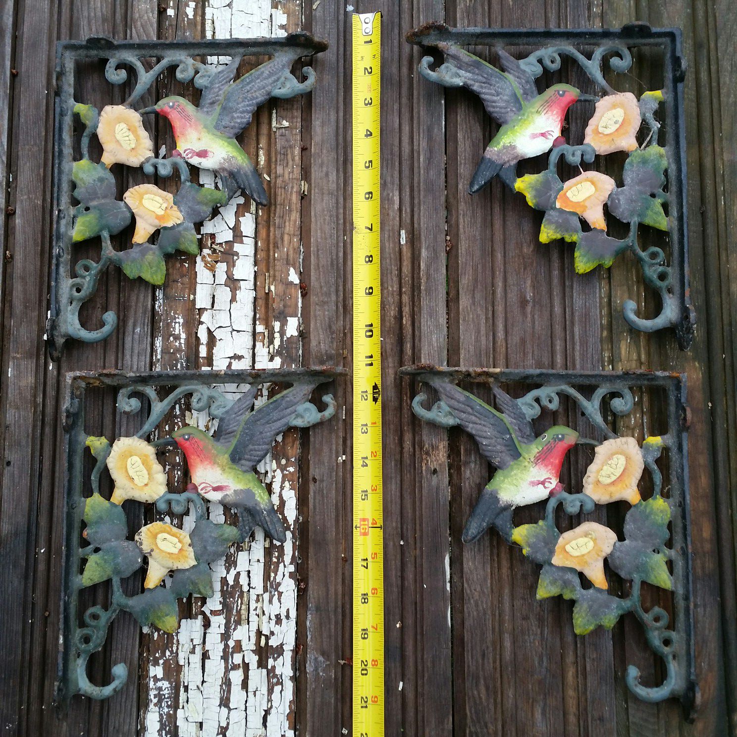 hand-painted hummingbird cast iron shelf L brackets