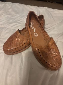 Tooled Leather Huarache Flats