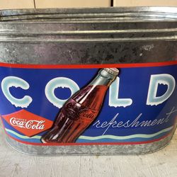 Coca Cola Large Beverage/Ice Party Bucket Tub Galvanized Tin with Cutout Handles