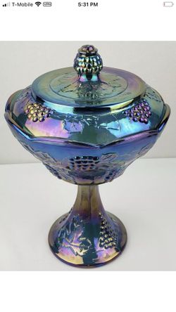 Indiana Glass Blue Harvest Grape Carnival Glass Compote Pedestal Dish w/ Lid