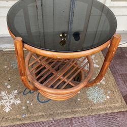 Vintage Smoky Glass Top Round Bentwood Rattan Bamboo Side Table