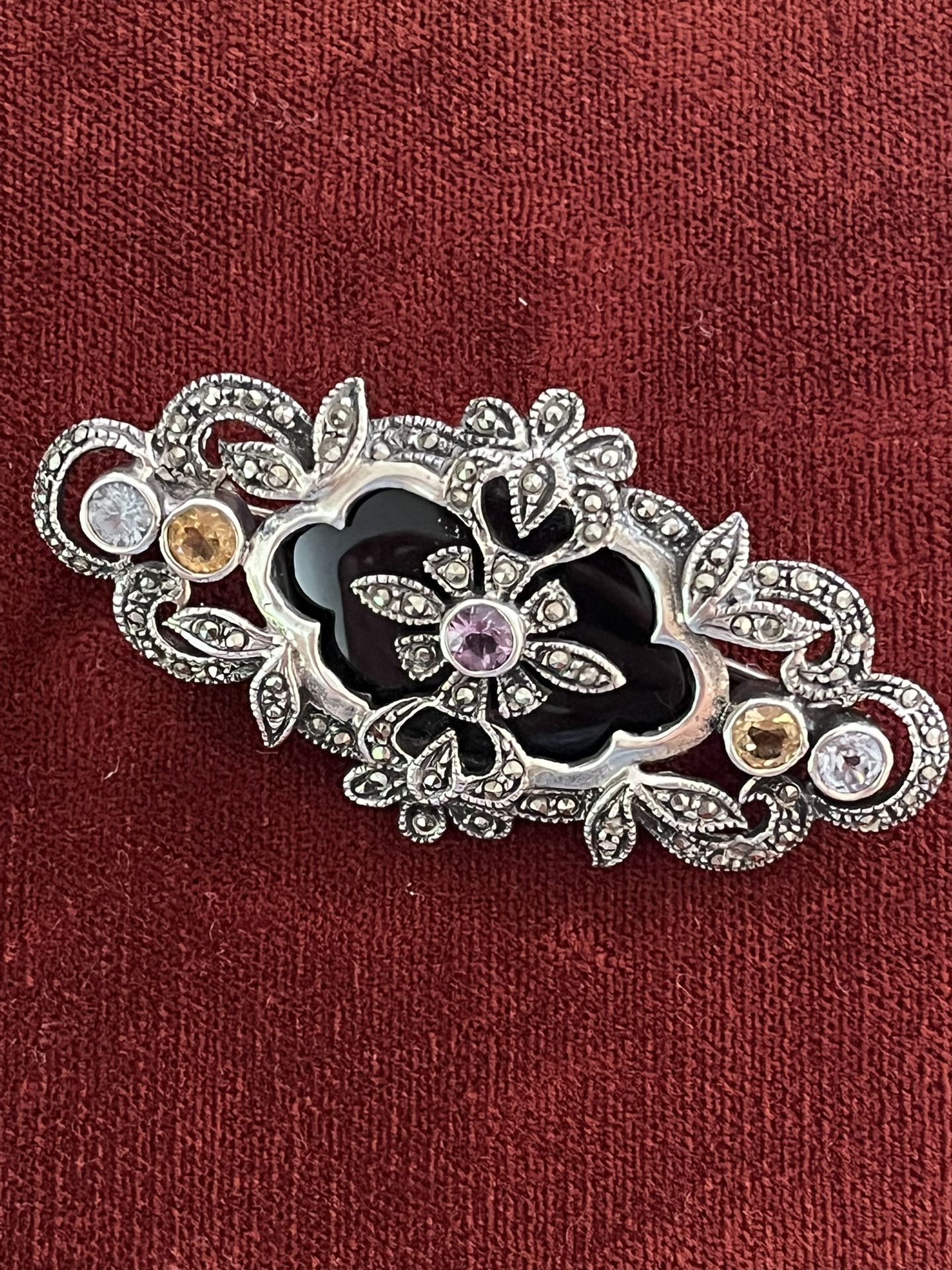 Sterling Silver & Marcasite Gemstone Brooch