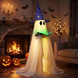 Brand new in box Halloween Ghost Decoration,53 inch,with Witch Hat and Book,8 Lighting Modes Standing Reading Ghost,16 FT String lights,Magic Book Wit