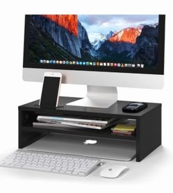 Wooden Monitor Stand Riser, 2-Tier Desk Storage Shelf, Black 16.7-Inch Desktop Organizer Fits Laptop, Computer Screen and Office Supplies