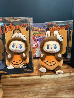 Pop Mart The Monsters Labubu Halloween Sitting Pumpkin Vinyl Plush Pendant