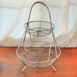 Vintage Chrome Fruit Basket with 2 Tiers and Handle 