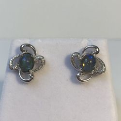 NIB Natural Black Opal & Diamond Accents Earrings, sterling silver