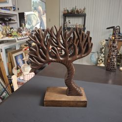 Wood Carving Of The Tree Of Life On Wood Stand, Boho Natural Decor A One Of A Kind Collectible 11"H X 8"W