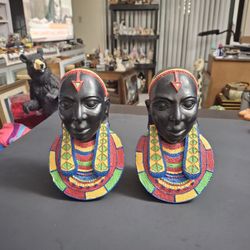 Unique Maasai Tribal Woman Set Of 2 Heavy Ceramic Hand-painted Busts W/Colorful Breastplate, Traditional African Design 7"H X 4.25"W 2LBS 12OZ Each