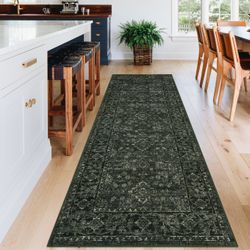 Vintage Boho Runner Rugs Dark Green 2'x8' Washable Non-Slip Soft Pastel Carpet for Living Room Bedroom Dining Nursery Office Farmhouse Hallway Entrywa