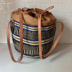 African Woven Sisal Bag Purse Tote Bucket Bag With Leather Trim/Handles