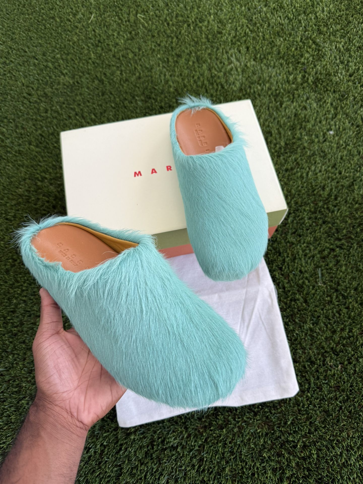 Marni Turquoise Long Hair Calfskin Fussbett