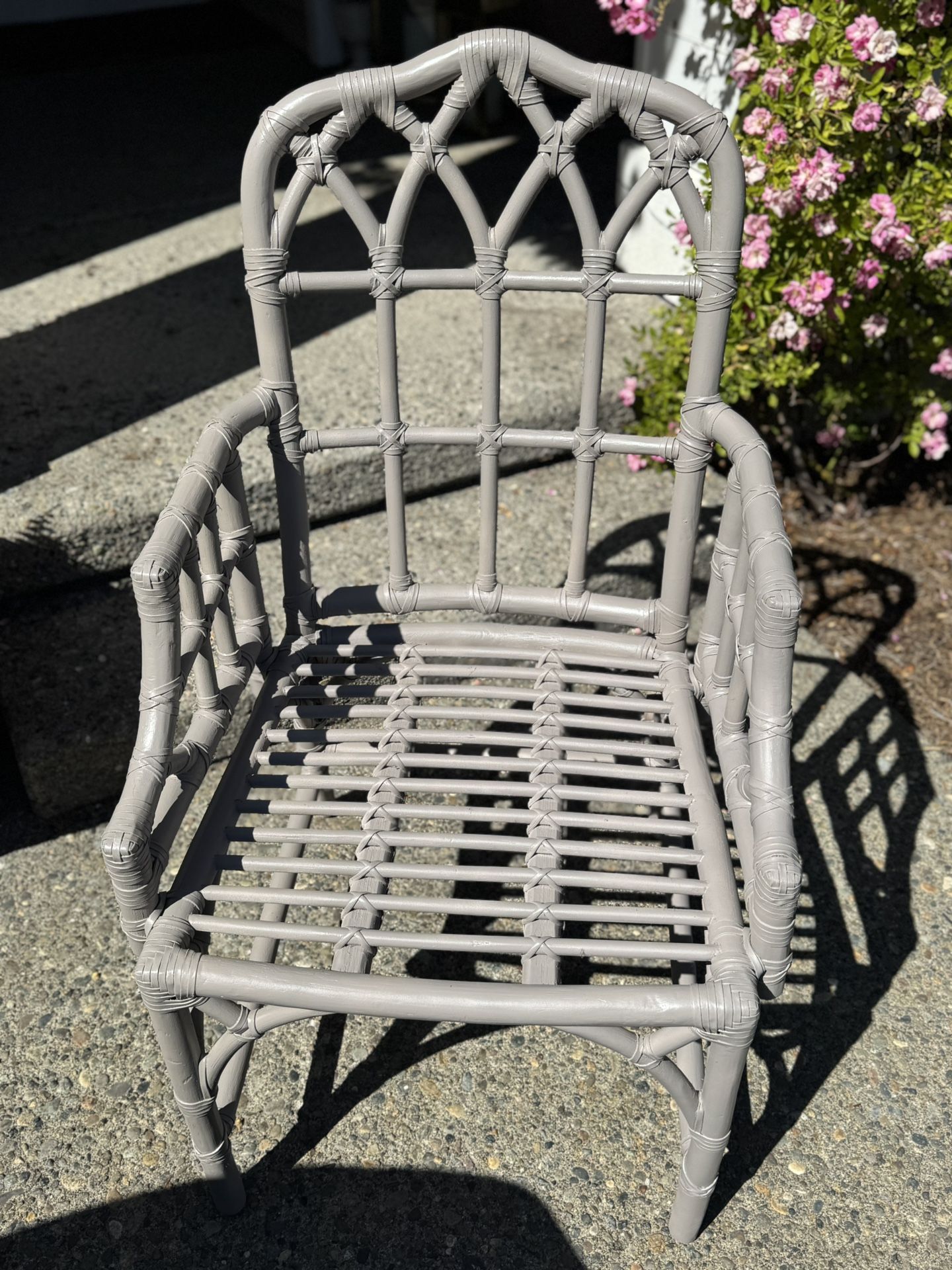 MCM Rattan Bamboo Accent Lounge Desk Dining Arm Chair McGuire Cathedral Chippendale Trellis Chair Driftwood Grey