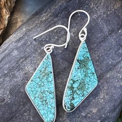 Triangular Natural Turquoise Gemstone Sterling Silver 2.3” Earrings