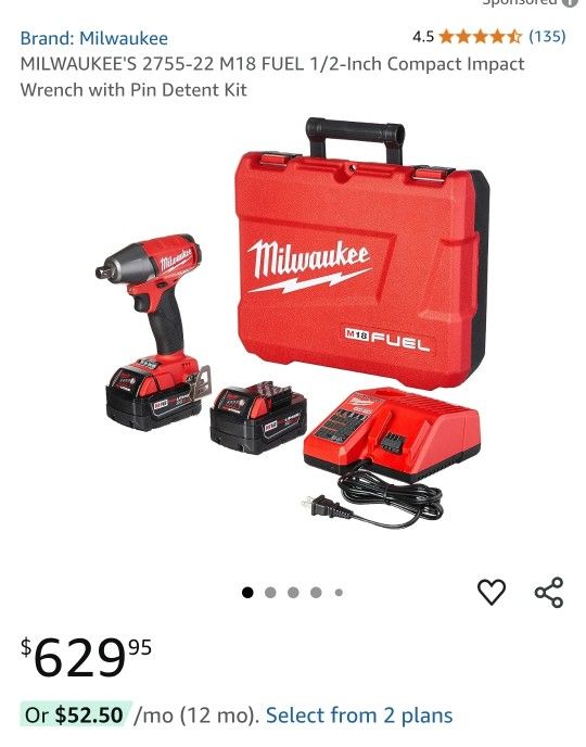 Milwaukee Compact Impact Wrench w/ Pin Detent Kit 2755-22 M18 FUEL 1/2" inch