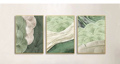 Green abstract wall art mid century 24l/16w brand new set of 3