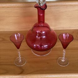 Vintage Red Glass Decanter Set, Excellent Condition !