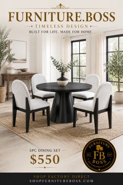 5pc Dining Table Set - Black Round Table | White Boucle Chairs