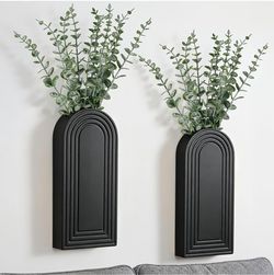 Wooden Wall Vase with 20 Eucalyptus, 2 Mount Options, Black, 2 Pcs Wall Mount, Adhesive Mount, Boho Wall Decor, for Entryway, Hallway, Living Room, Di
