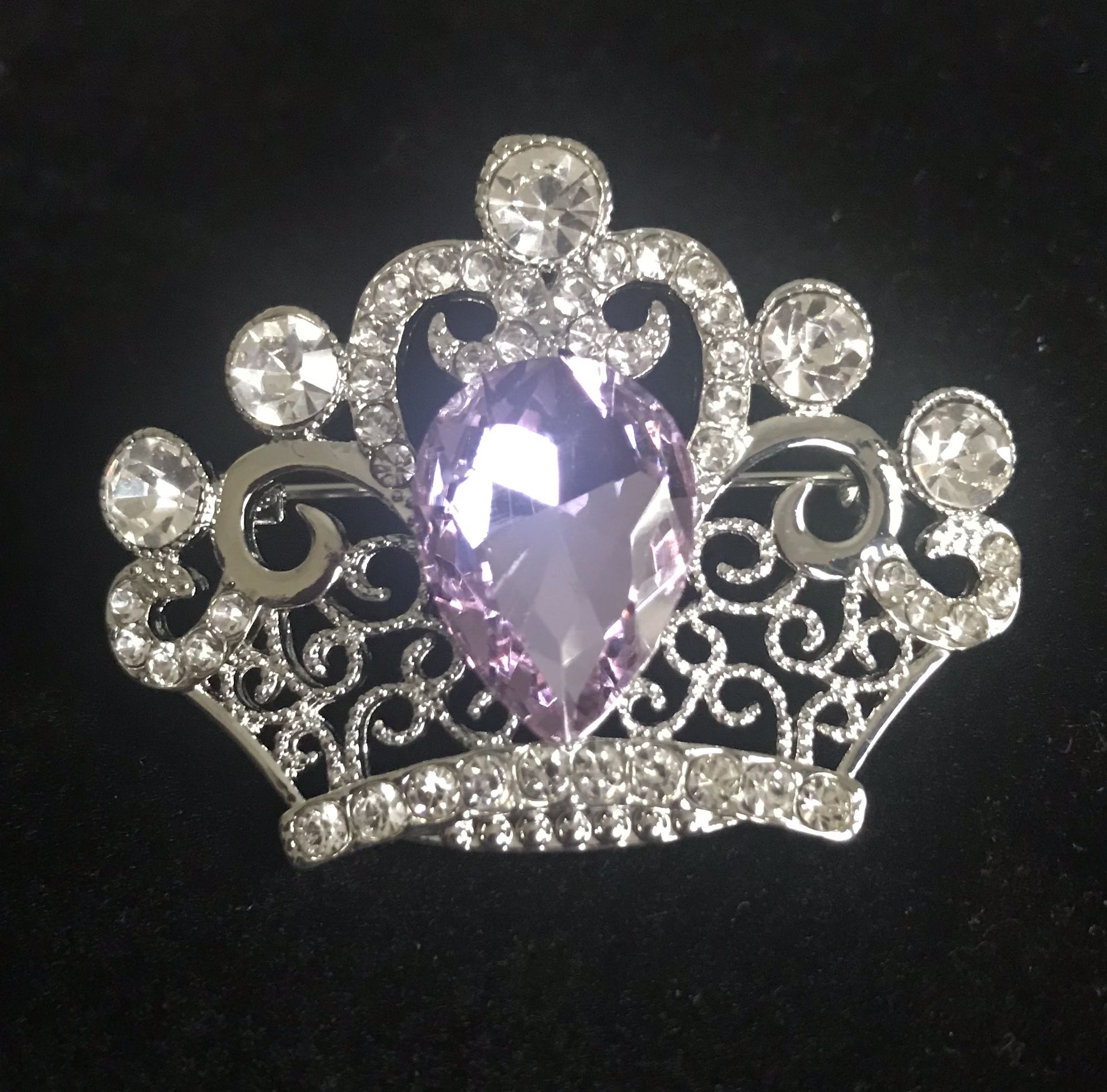 Crown Silver Brooch With Purple Crystal 
