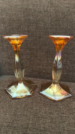 Carnival glass candle stick holders