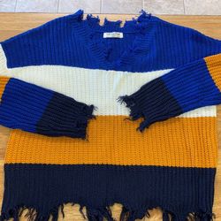 Full Circle Trends M Womens Multi Striped Fringed Distressed Sweater Loose Fit