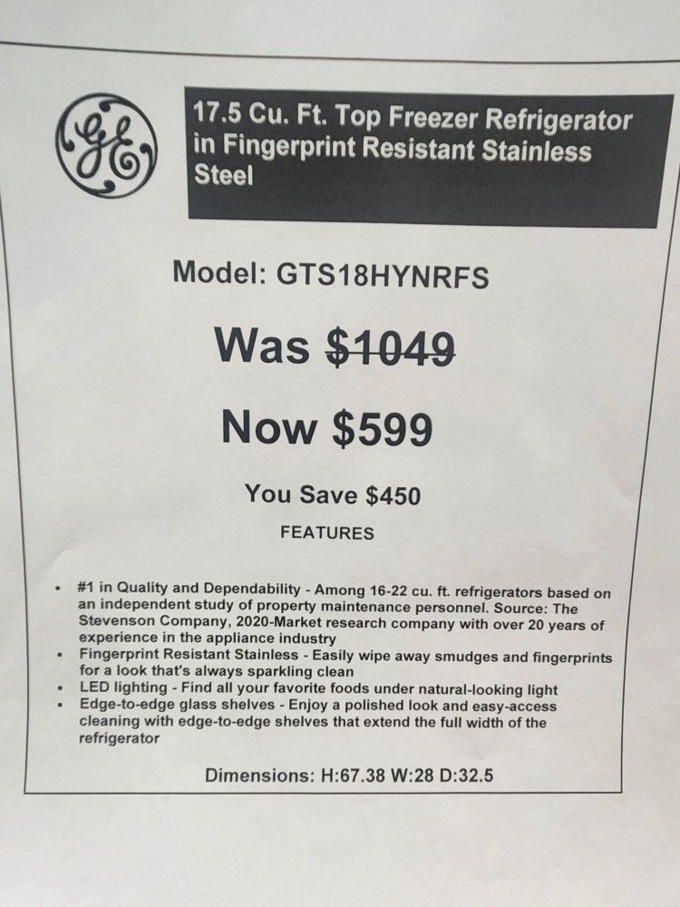 $599 $2099 GE Refrigerators Brand New, Express Delivery, One Year Warranty