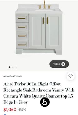 Ariel Taylor 36 In. Right Offset Rectangle Sink Bathroom Vanity With Carrara White Quartz Countertop 1.5 Edge In Grey