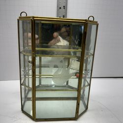 Hexagon Brass Glass Curio Cabinet 3 Shelves Door Latch Mirror Display Case Vtg