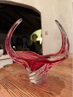 Vintage Cranberry Bohemian Art Glass Bowl  Mid Century 10”