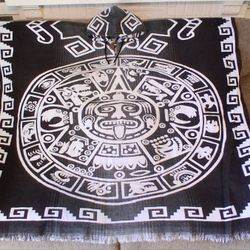 CALENDAR AZTEC MEXICAN PONCHO WITH HOOD 