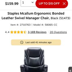 Staples Mcallum Ergonomic Bonded Leather Swivel Manager Chair,