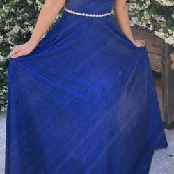 Beautiful Shimmery Formal Blue With Diamond Belt Prom Dress