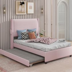 Twin XL Size Bed Pink Upholstered Bed With Teddy Fabric