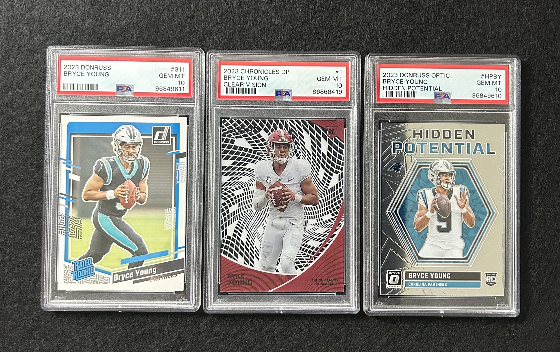 Bryce Young Lot (3) PSA 10 Donruss RR Clear Vision RC Optic Hidden Potential RC