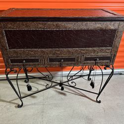 Tuscan Old World Console Cabinet Wrought Iron Tooled Leather Nailhead Storage