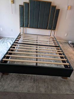 Queen Size Upholstered Bed, Modern Velvet Bed Frame with 61.4” Tall Gold Trim Headboard, No Box Spring Needed, Green