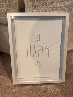 “Be Happy” Rustic white picture with wood trim and glass size 11x14