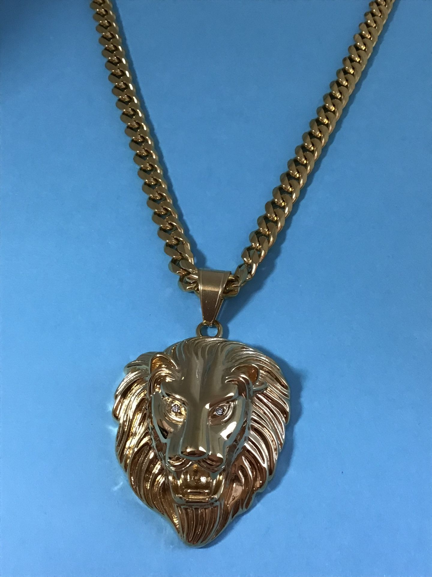 Men’s Lion Head Pendant on Cuban Chain - Gold Bonded On Stainless Steel *Pickup Boca Raton 
