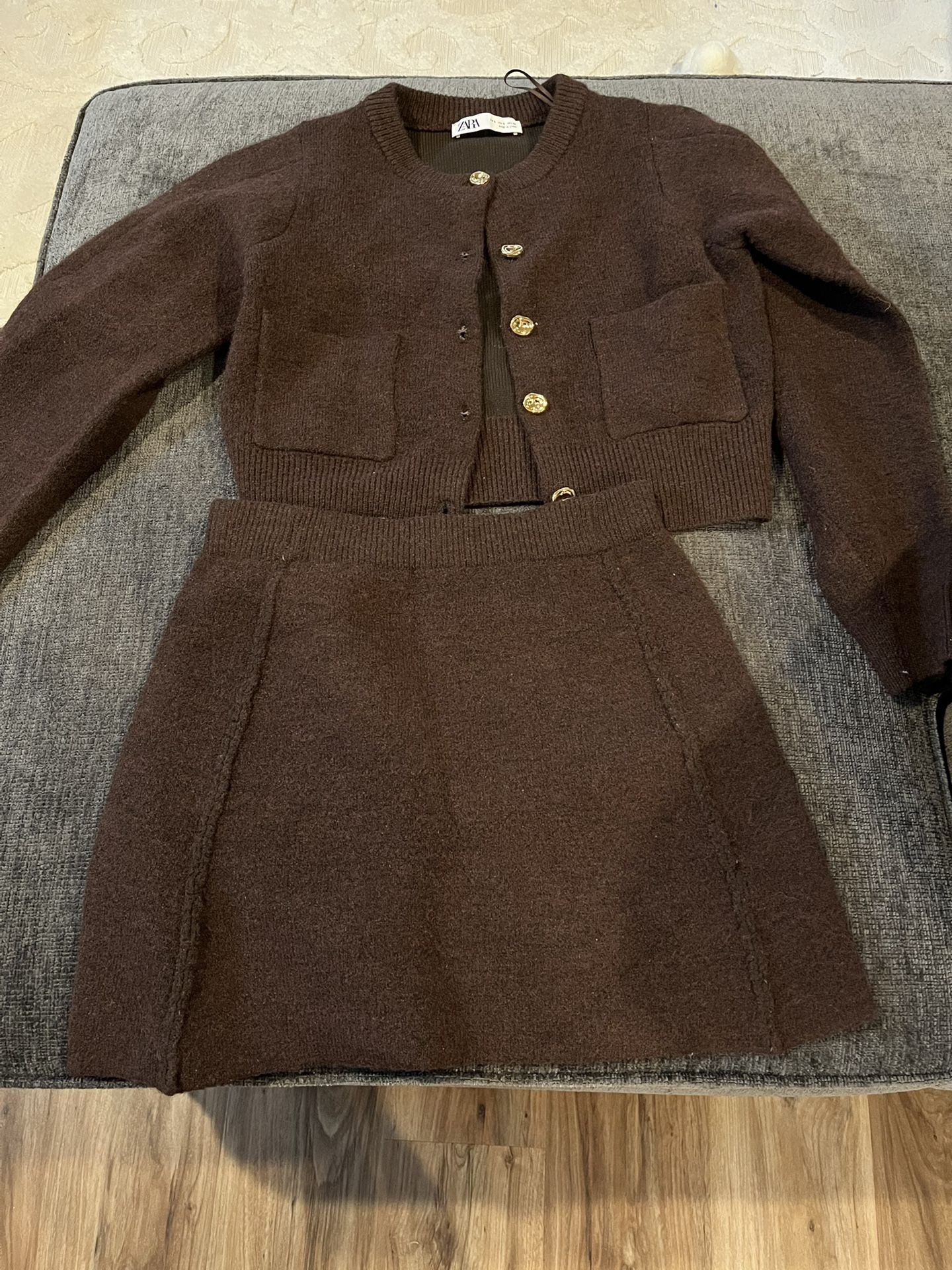 Zara knit cardigan and mini skirt set in a brown