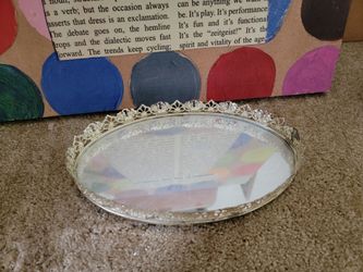 Vintage gold Filigree mirror perfume tray Dresser organizer